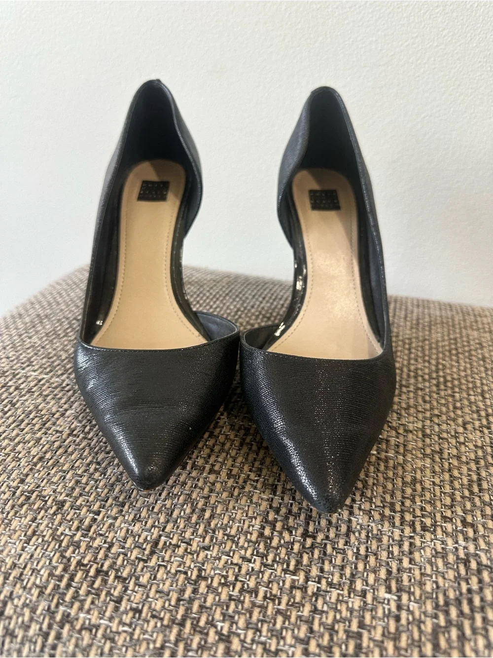 WHBM Ella Black Textured Pointed Toe D'Orsay Stiletto 3.5”Heels Size 9